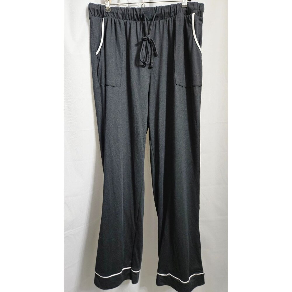 Lucky Brand Black Wide-Leg Pajama Pants With Contrast Piping & Drawstring Waist